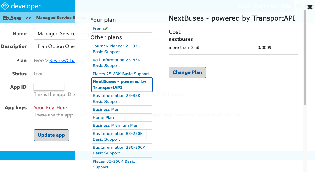 Changing plan to NextBuses on the TransportAPI eCommerce portal